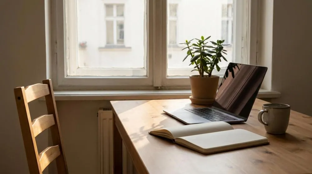 Klidné místo pro samostatné studium s notebookem a poznámkovým blokem